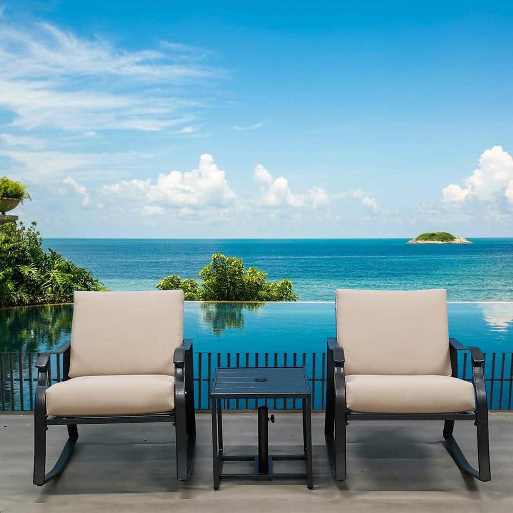 Black 3-Piece Metal Patio Conversation Set with Beige Cushion