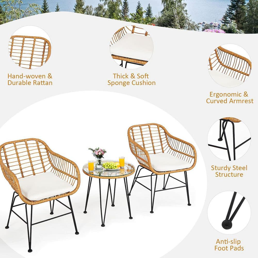 3-Piece Wicker Outdoor Patio Conversation Seating Set with White Cushions