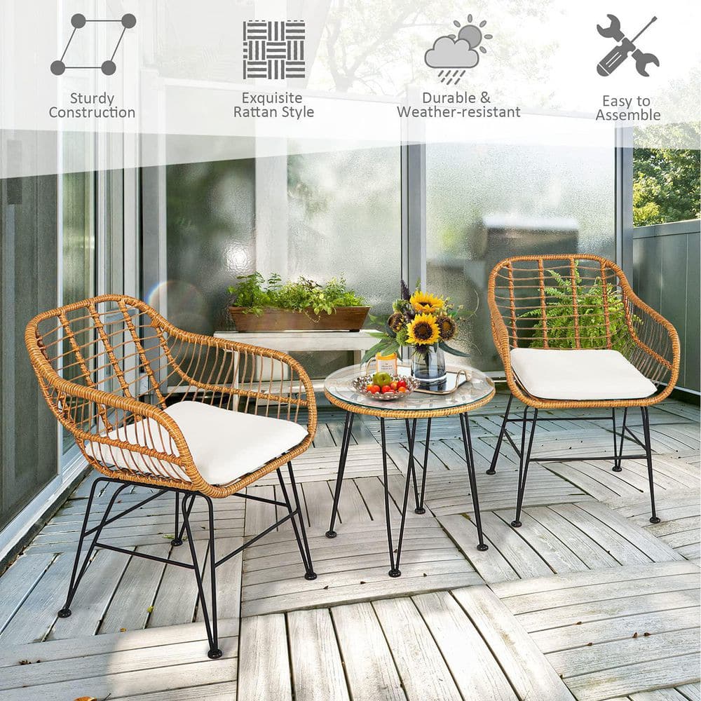 3-Piece Wicker Outdoor Patio Conversation Seating Set with White Cushions