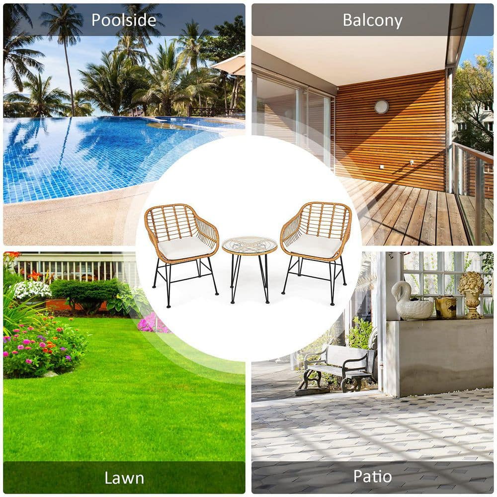 3-Piece Wicker Outdoor Patio Conversation Seating Set with White Cushions