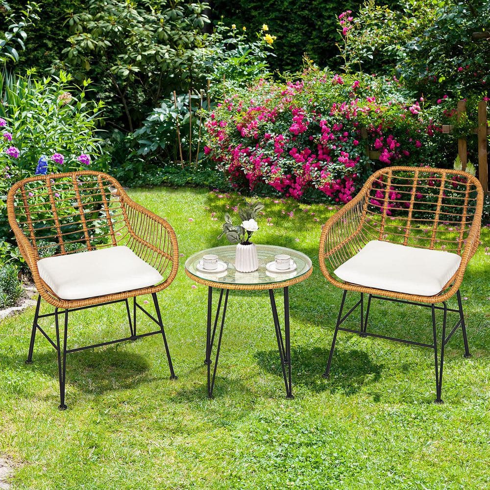 3-Piece Wicker Outdoor Patio Conversation Seating Set with White Cushions