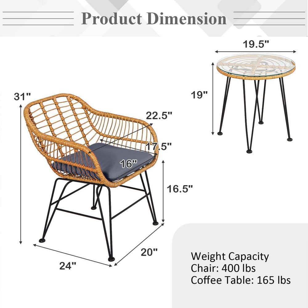 3-Piece Wicker Outdoor Patio Conversation Seating Set with Gray Cushions