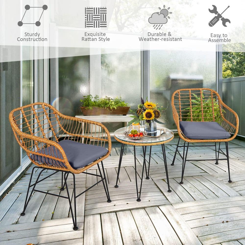 3-Piece Wicker Outdoor Patio Conversation Seating Set with Gray Cushions