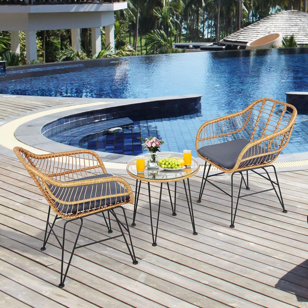 3-Piece Wicker Outdoor Patio Conversation Seating Set with Gray Cushions