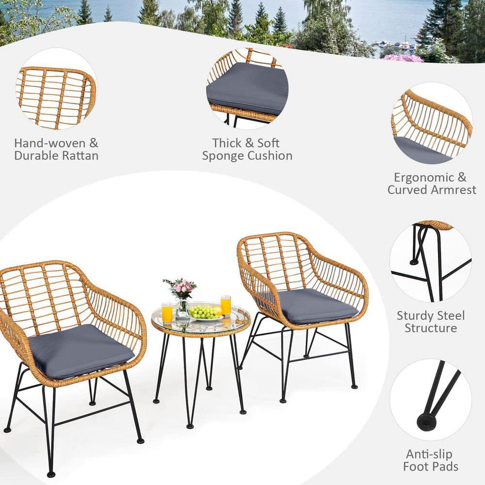 3-Piece Wicker Outdoor Patio Conversation Seating Set with Gray Cushions
