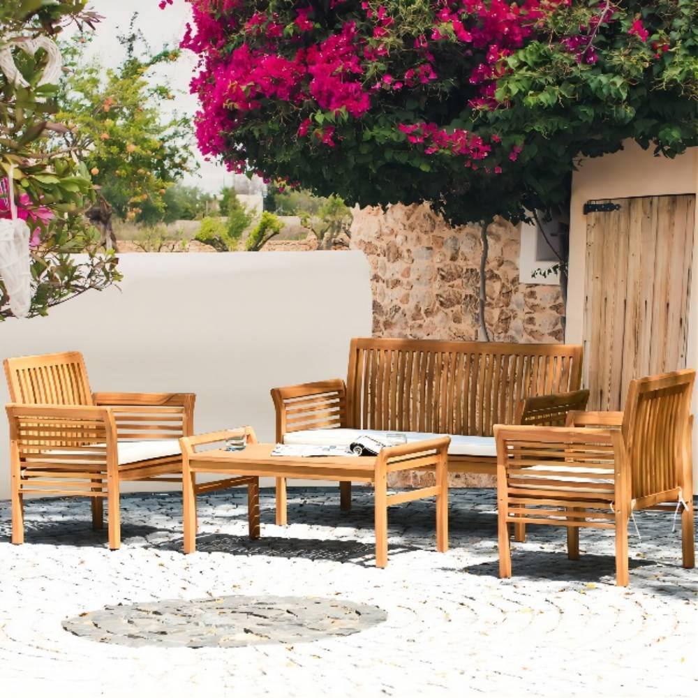 Brown 4-Piece Wood Outdoor Patio Conversation Set with Beige Cushions