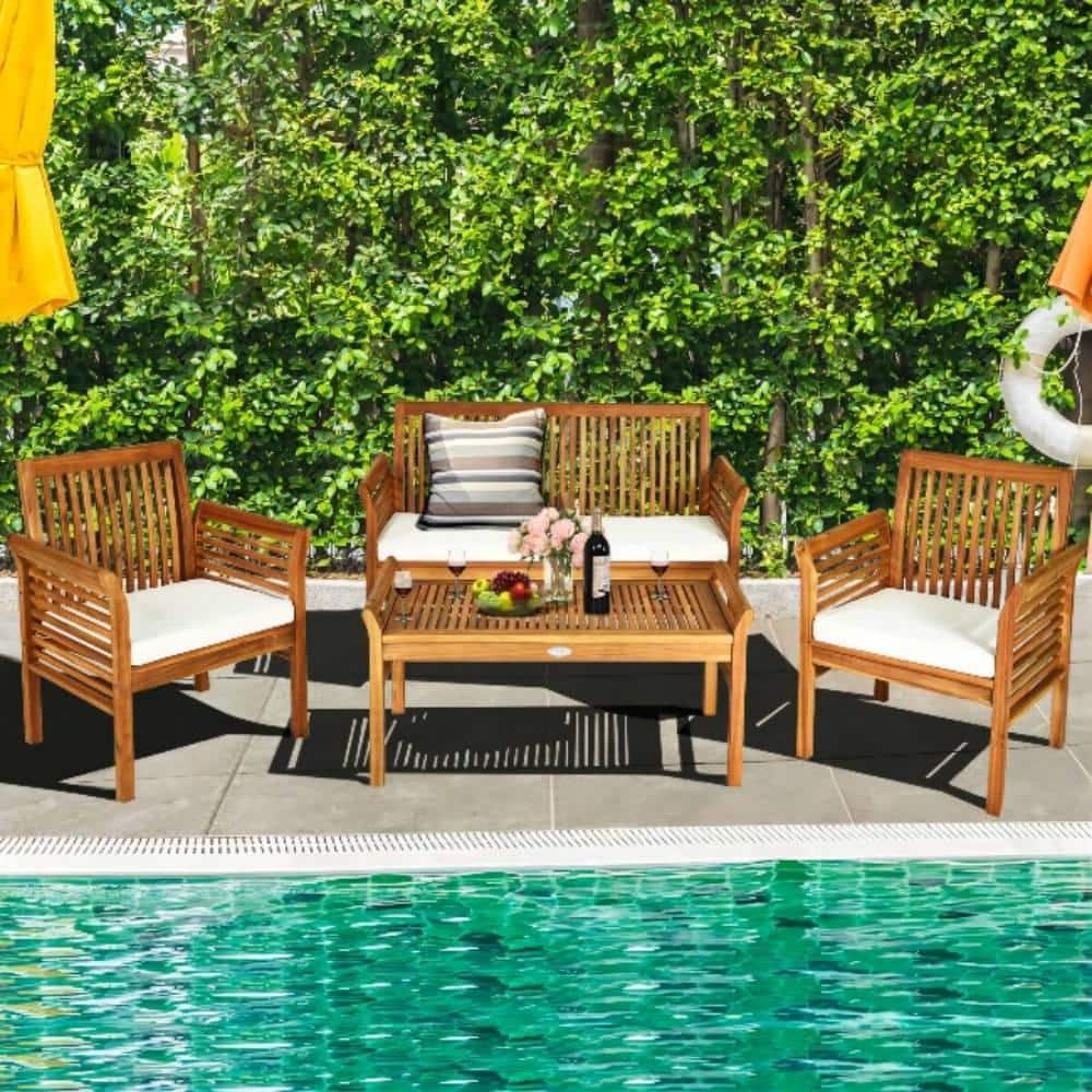 Brown 4-Piece Wood Outdoor Patio Conversation Set with Beige Cushions