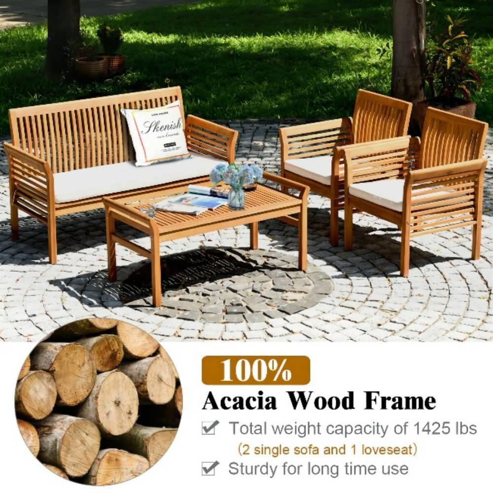 Brown 4-Piece Wood Outdoor Patio Conversation Set with Beige Cushions