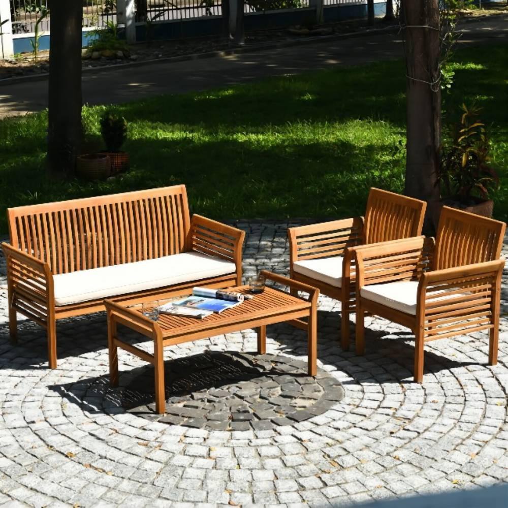 Brown 4-Piece Wood Outdoor Patio Conversation Set with Beige Cushions