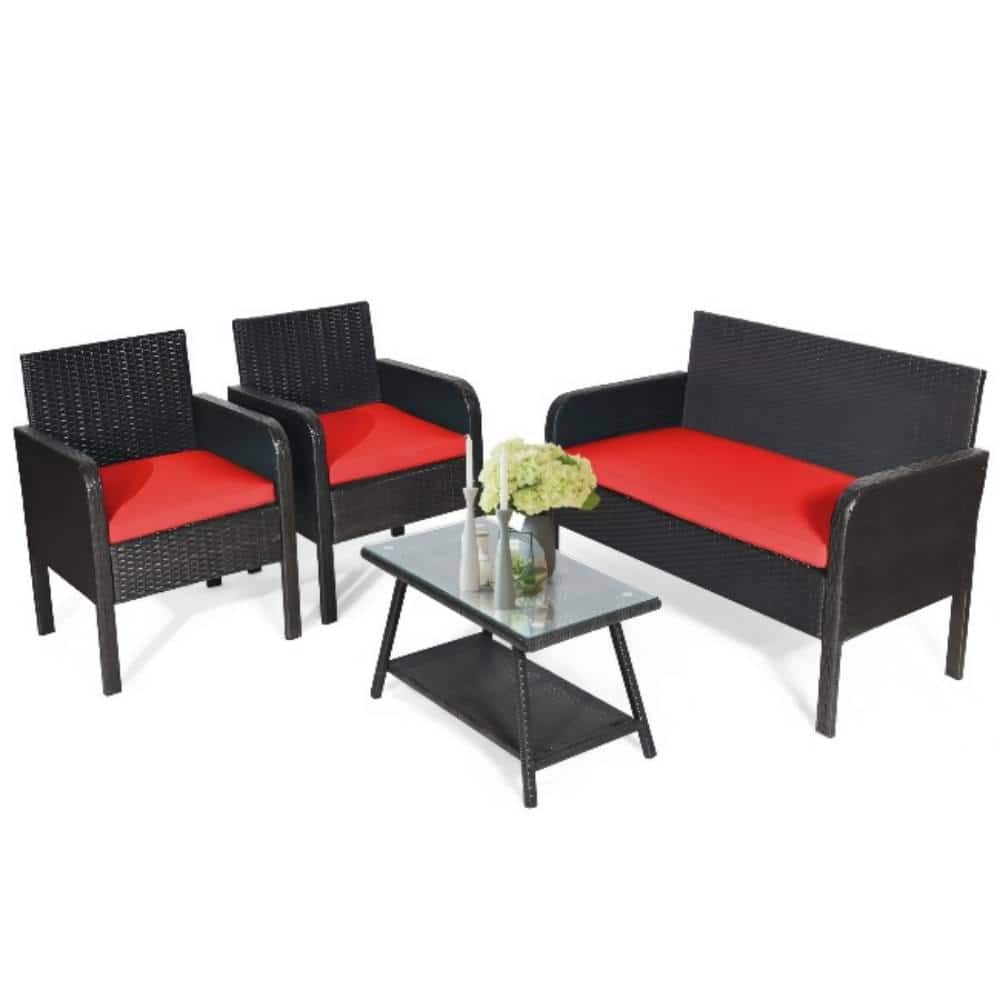 Black 4-Piece Wicker Patio Conversation Seating Set with Red Cushion