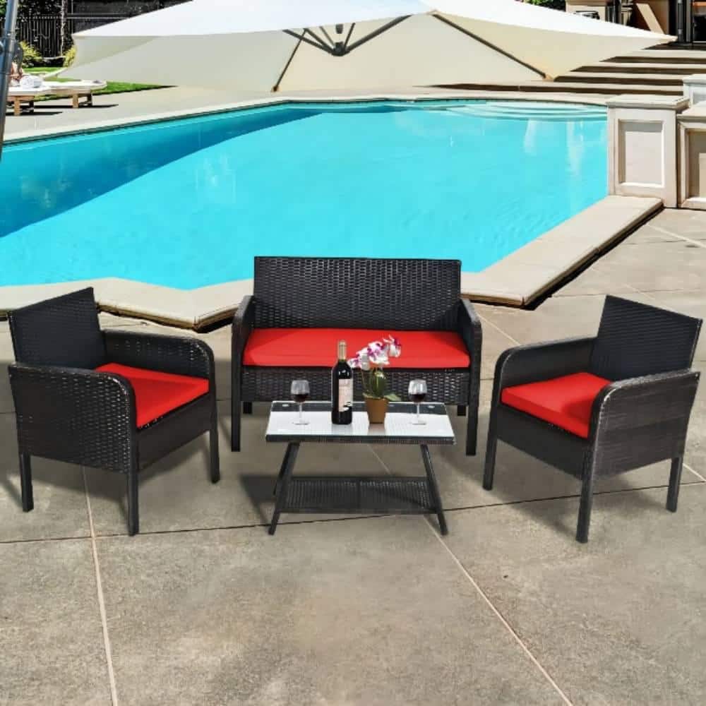 Black 4-Piece Wicker Patio Conversation Seating Set with Red Cushion
