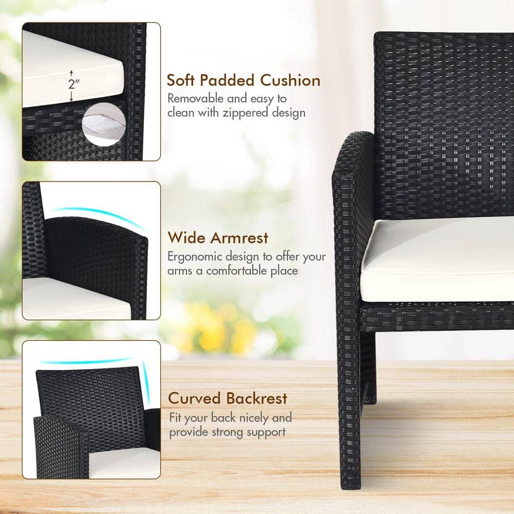 4-Piece Black Wicker Patio Conversation Set with Beige Cushions