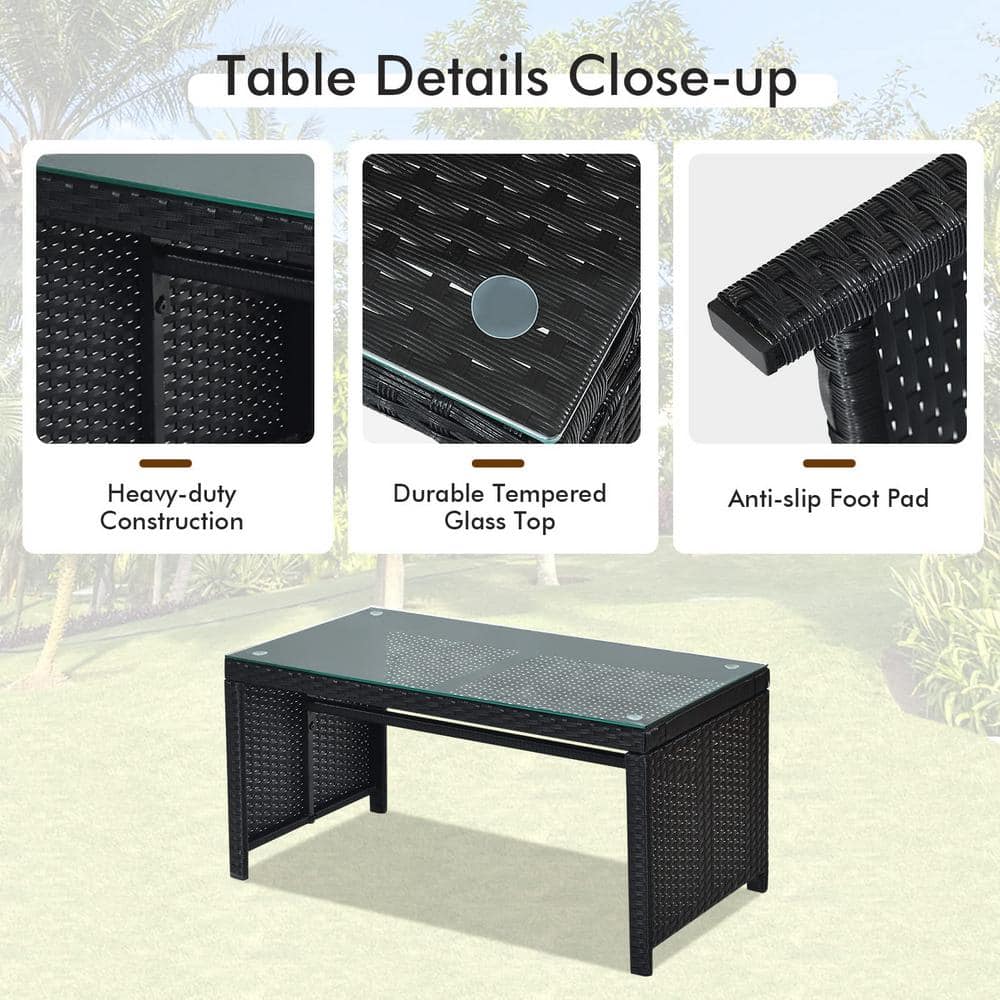 4-Piece Black Wicker Patio Conversation Set with Beige Cushions