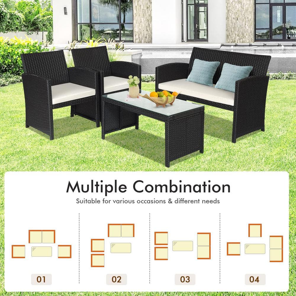 4-Piece Black Wicker Patio Conversation Set with Beige Cushions