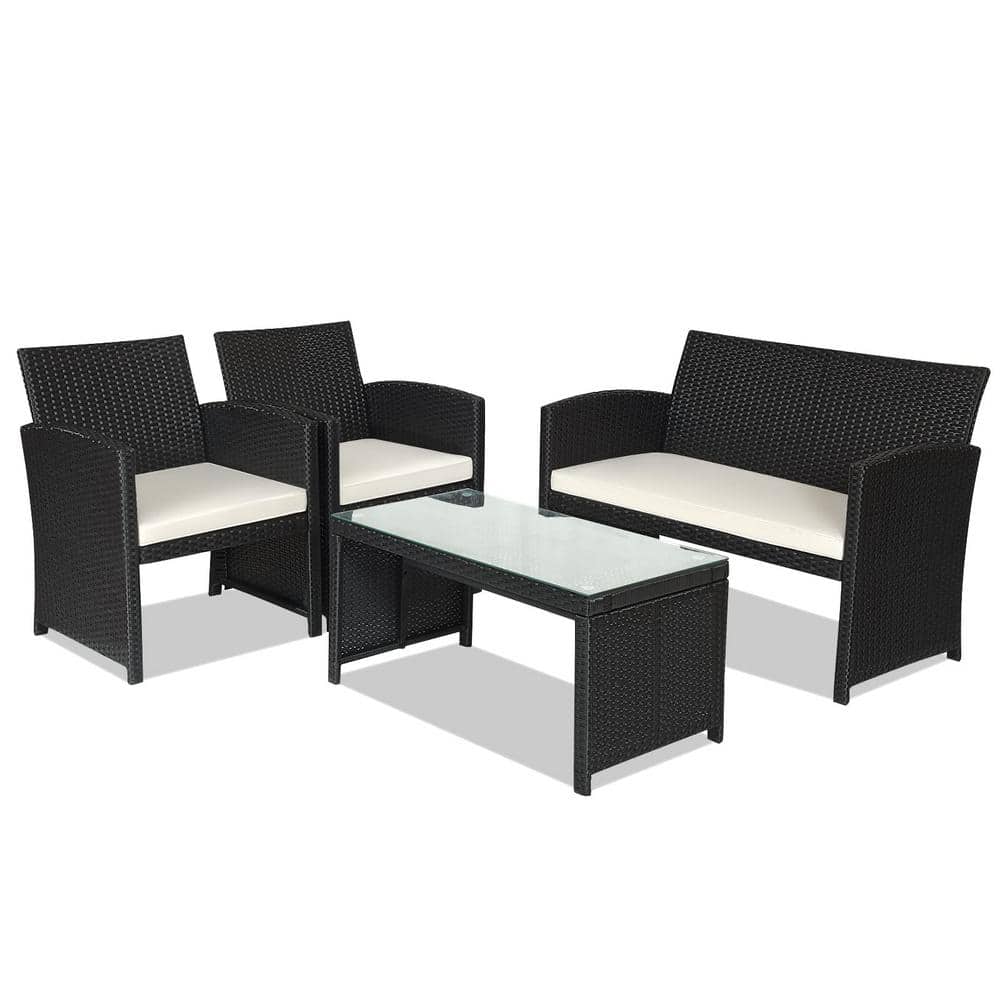 4-Piece Black Wicker Patio Conversation Set with Beige Cushions