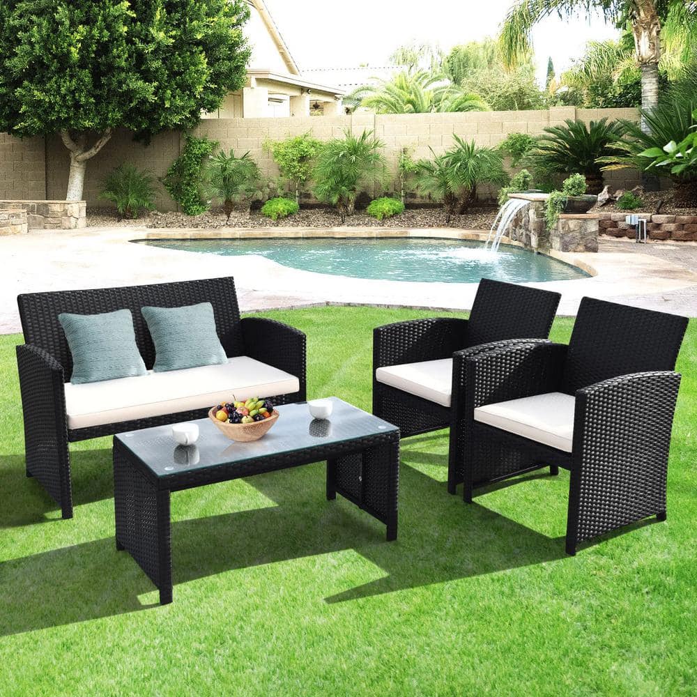 4-Piece Black Wicker Patio Conversation Set with Beige Cushions