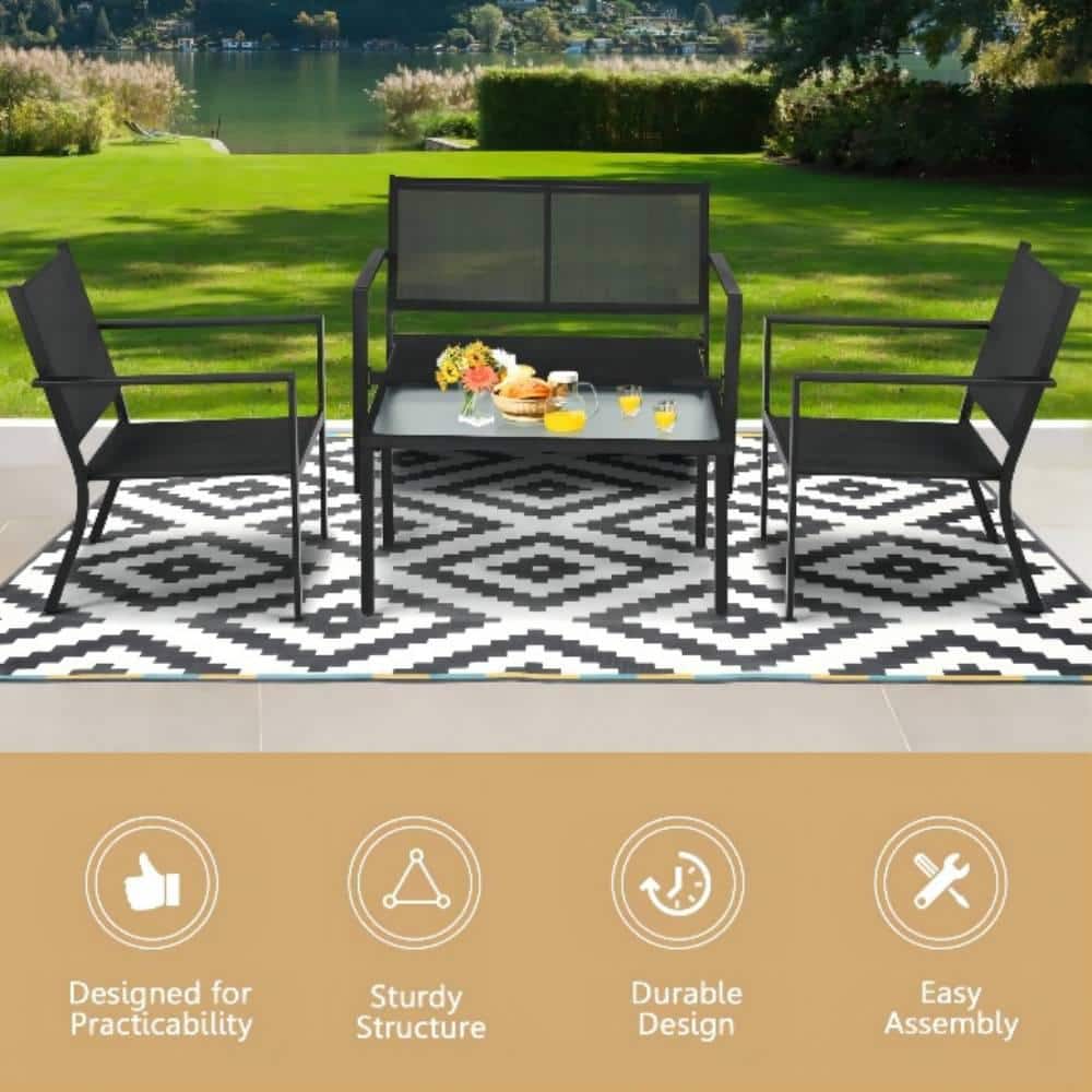 Black 4-Piece Metal Patio Conversation Set with Breathable Textilene Fabric
