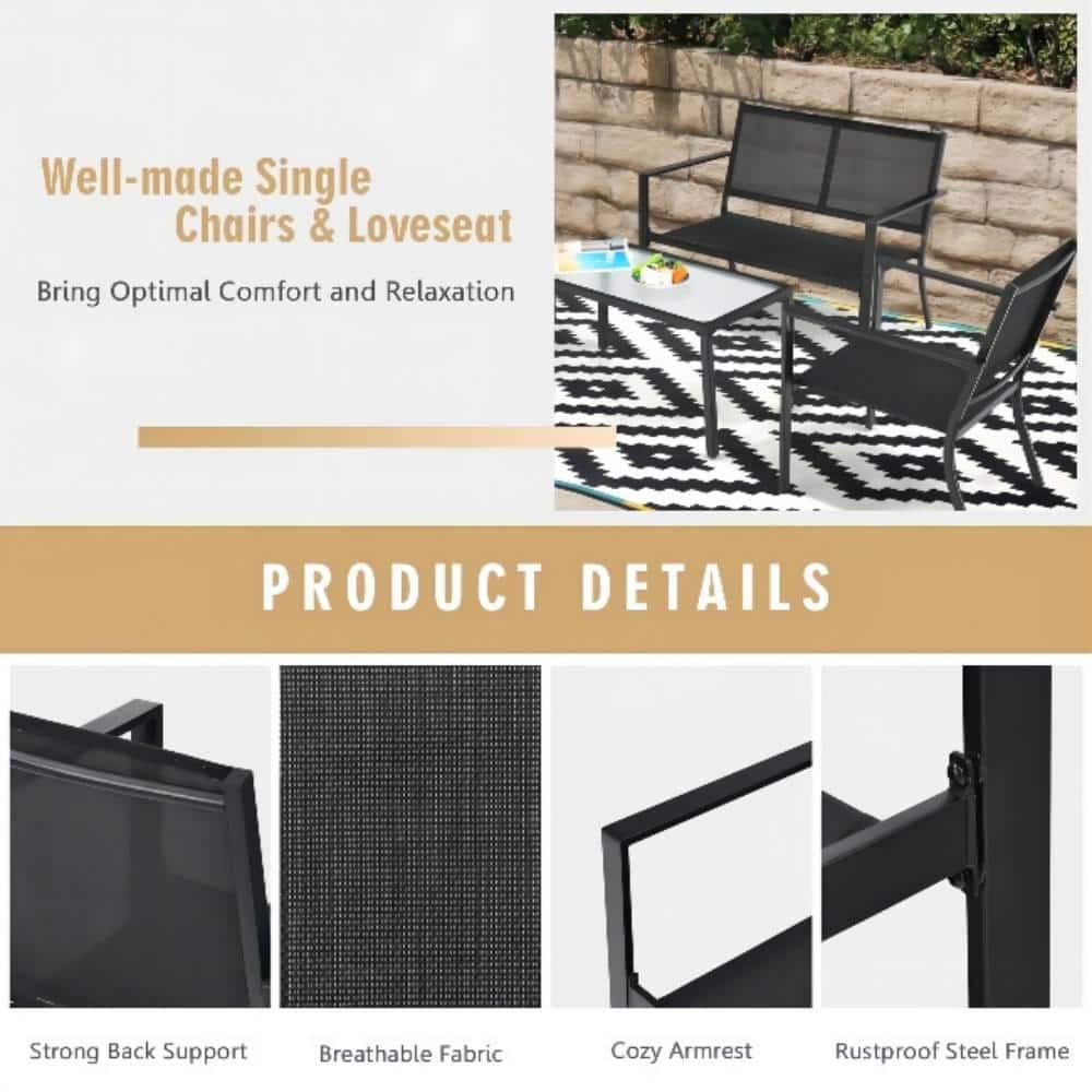 Black 4-Piece Metal Patio Conversation Set with Breathable Textilene Fabric