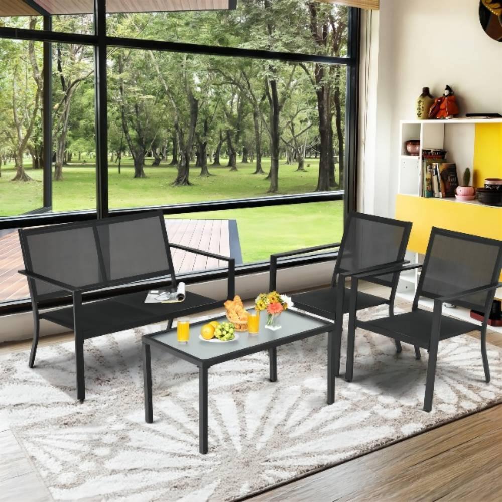 Black 4-Piece Metal Patio Conversation Set with Breathable Textilene Fabric