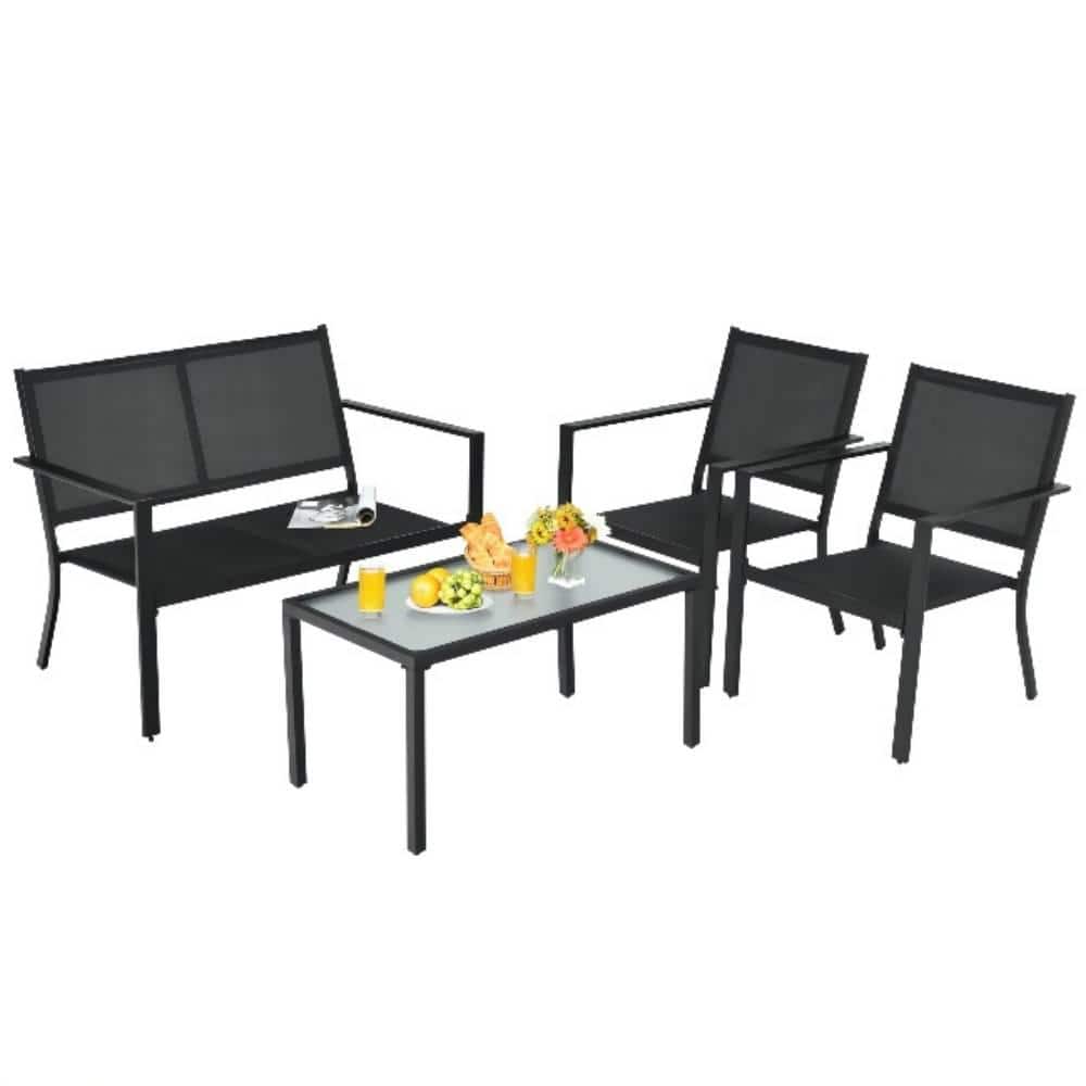Black 4-Piece Metal Patio Conversation Set with Breathable Textilene Fabric