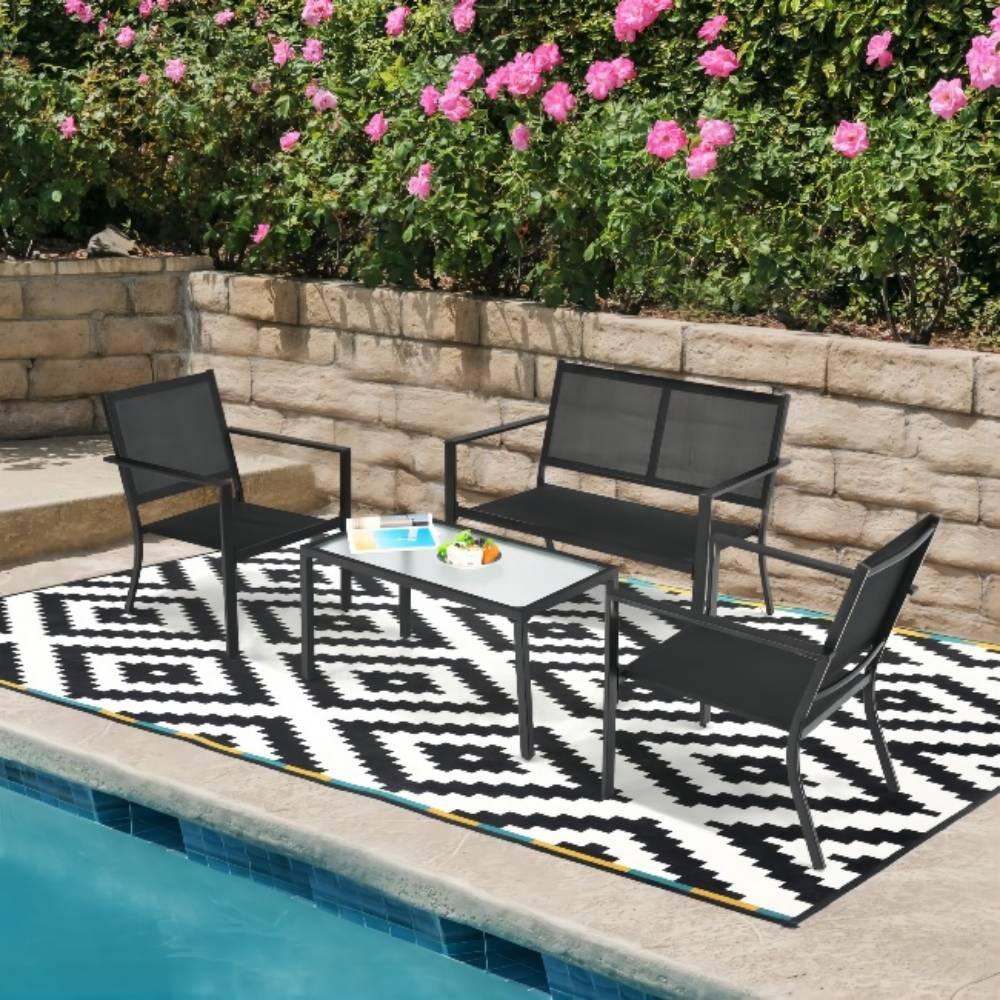 Black 4-Piece Metal Patio Conversation Set with Breathable Textilene Fabric