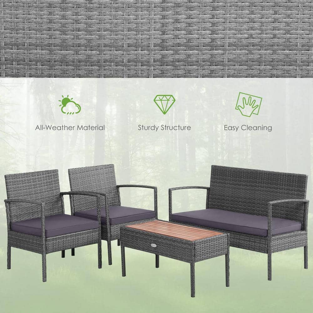 Gray 4-Piece Wicker Patio Conversation Set with Square Table and Gray Cushions