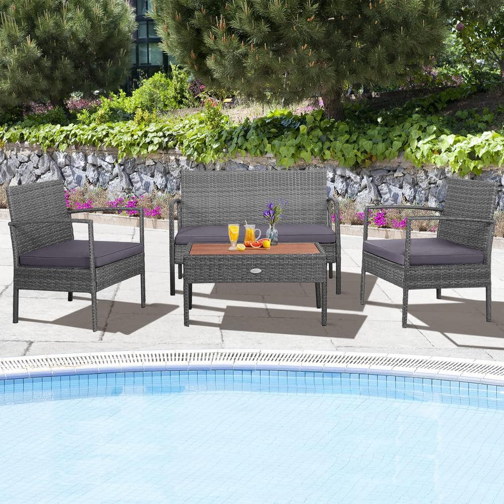 Gray 4-Piece Wicker Patio Conversation Set with Square Table and Gray Cushions