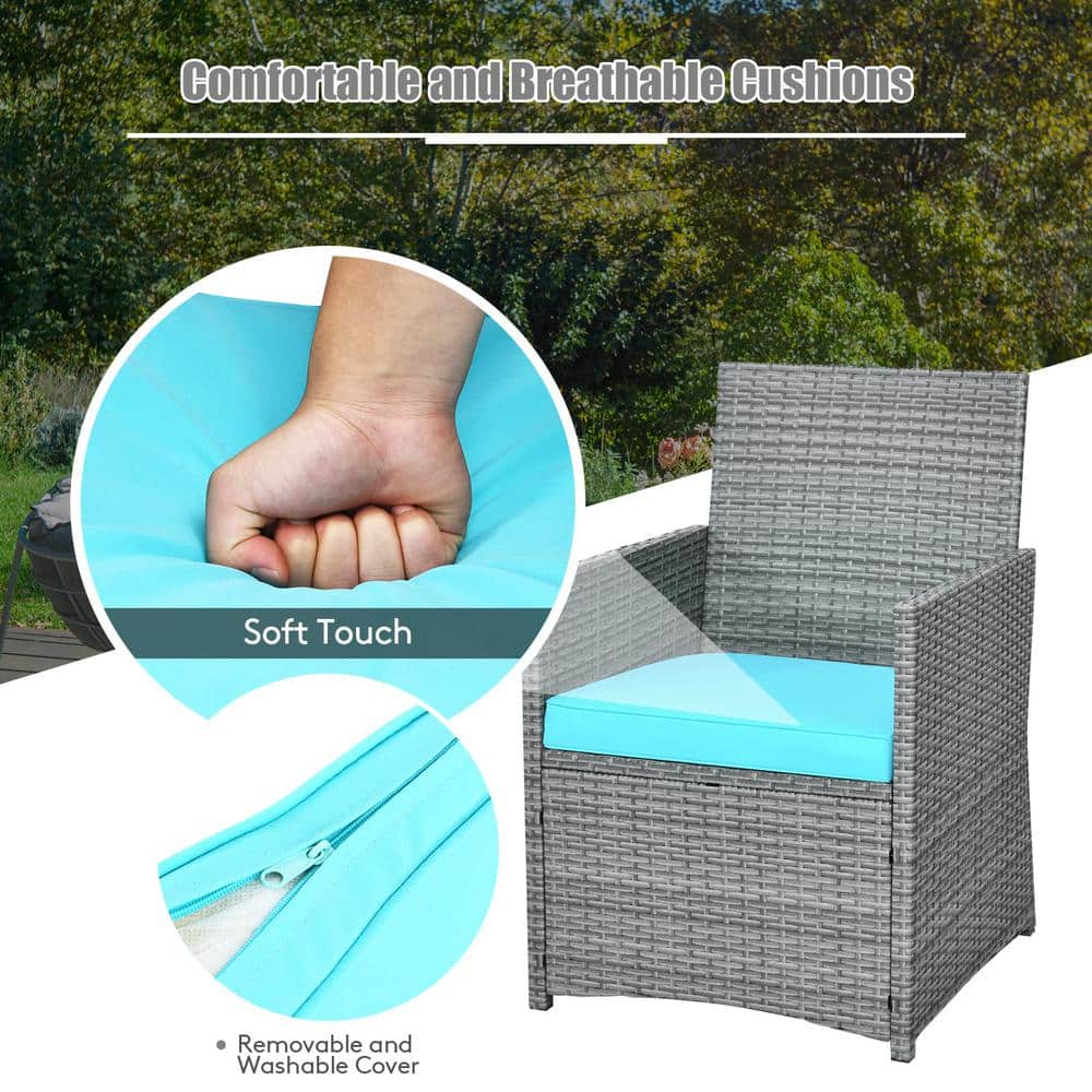 Mixed Gray 3-Piece Wicker Patio Conversation Set with Turquoise Cushions