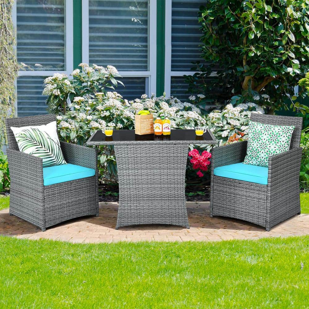 Mixed Gray 3-Piece Wicker Patio Conversation Set with Turquoise Cushions