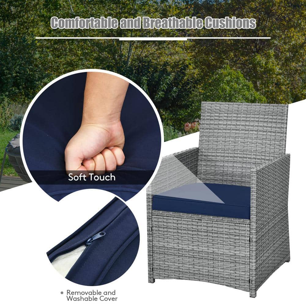Mixed Gray 3-Piece Wicker Patio Conversation Set with Navy Blue Cushions