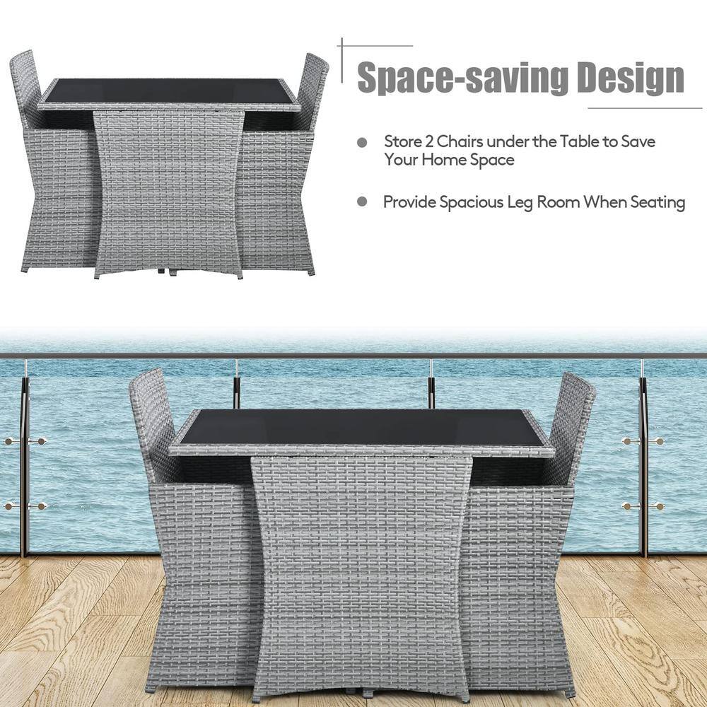 Mixed Gray 3-Piece Wicker Patio Conversation Set with Navy Blue Cushions