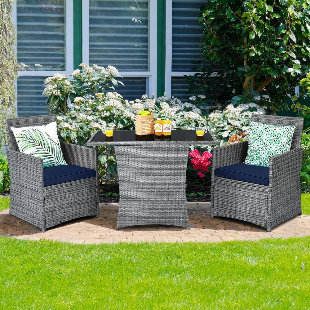 Mixed Gray 3-Piece Wicker Patio Conversation Set with Navy Blue Cushions