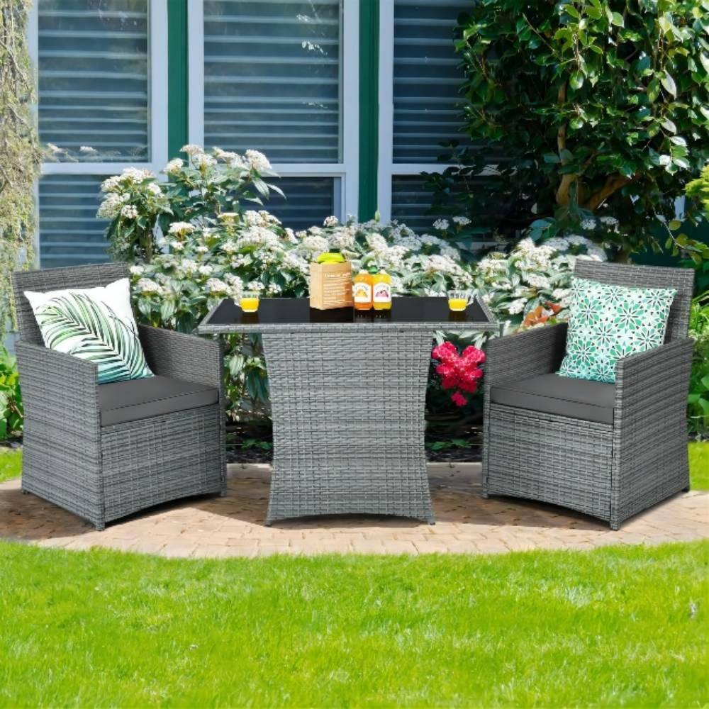 Mixed Gray 3-Piece Wicker Patio Conversation Set with Gray Cushions