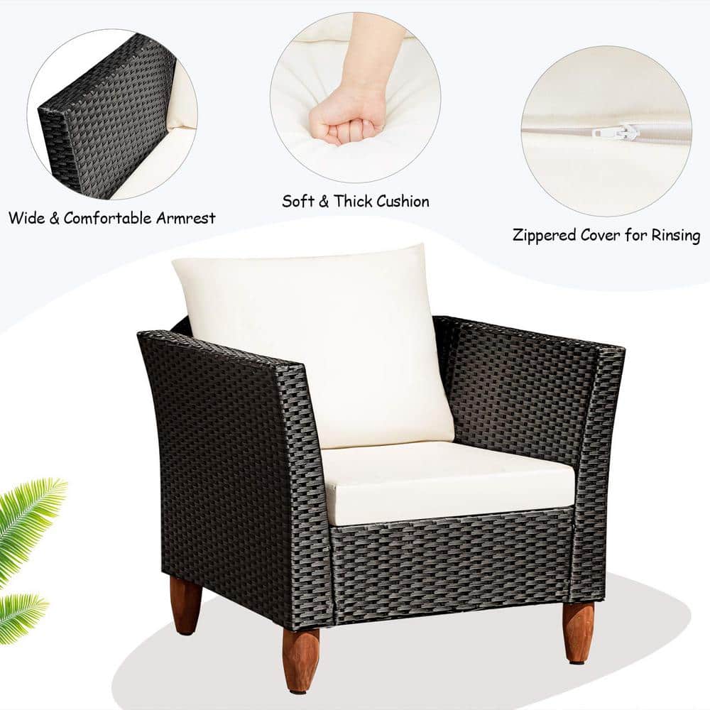 Black 3-Piece Wicker Outdoor Furniture Set Patio Conversation Set with Beige Cushions