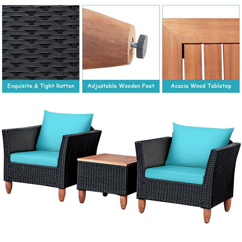 Black 3-Piece Wicker Outdoor Furniture Set Patio Conversation Set with Turquoise Cushions