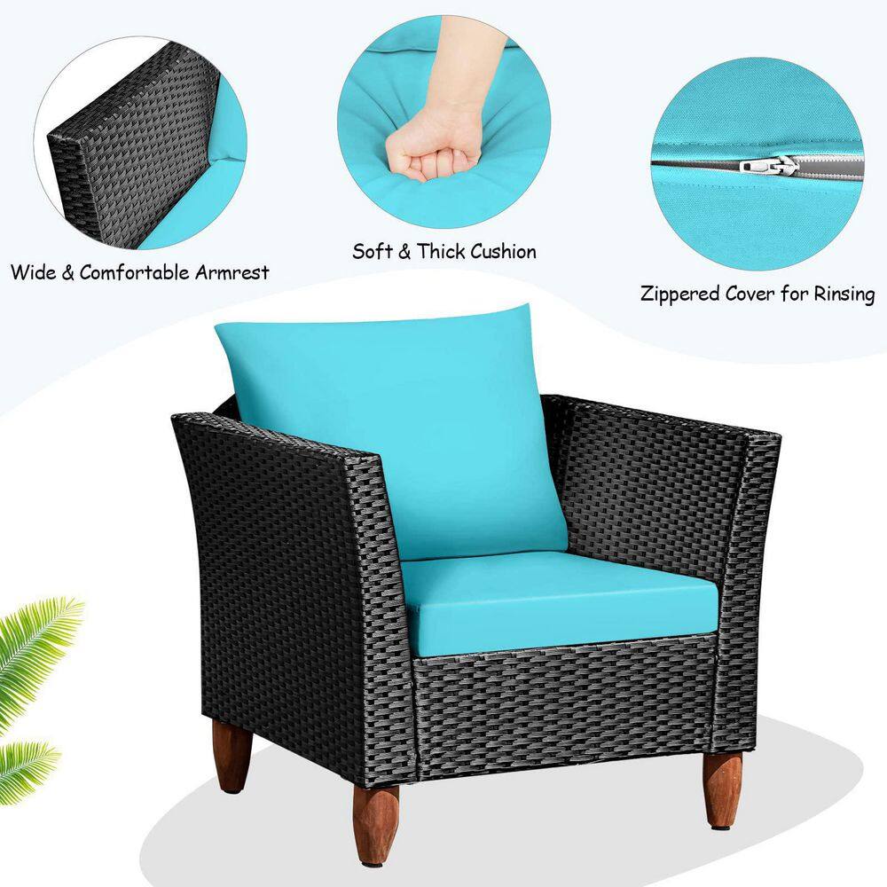 Black 3-Piece Wicker Outdoor Furniture Set Patio Conversation Set with Turquoise Cushions