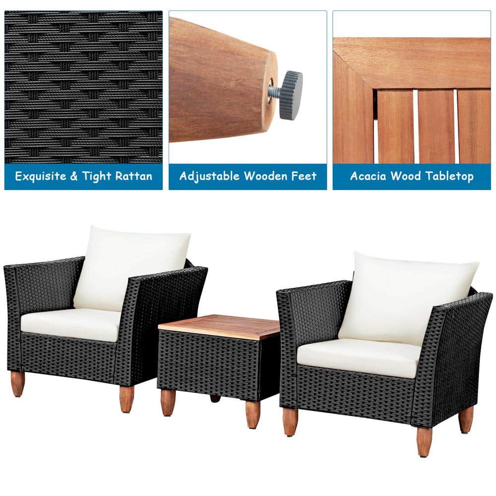 Black 3-Piece Wicker Outdoor Furniture Set Patio Conversation Set with Beige Cushions