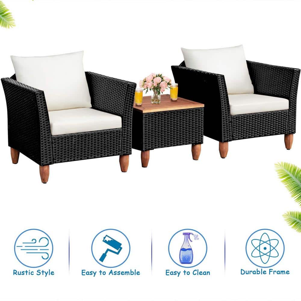 Black 3-Piece Wicker Outdoor Furniture Set Patio Conversation Set with Beige Cushions