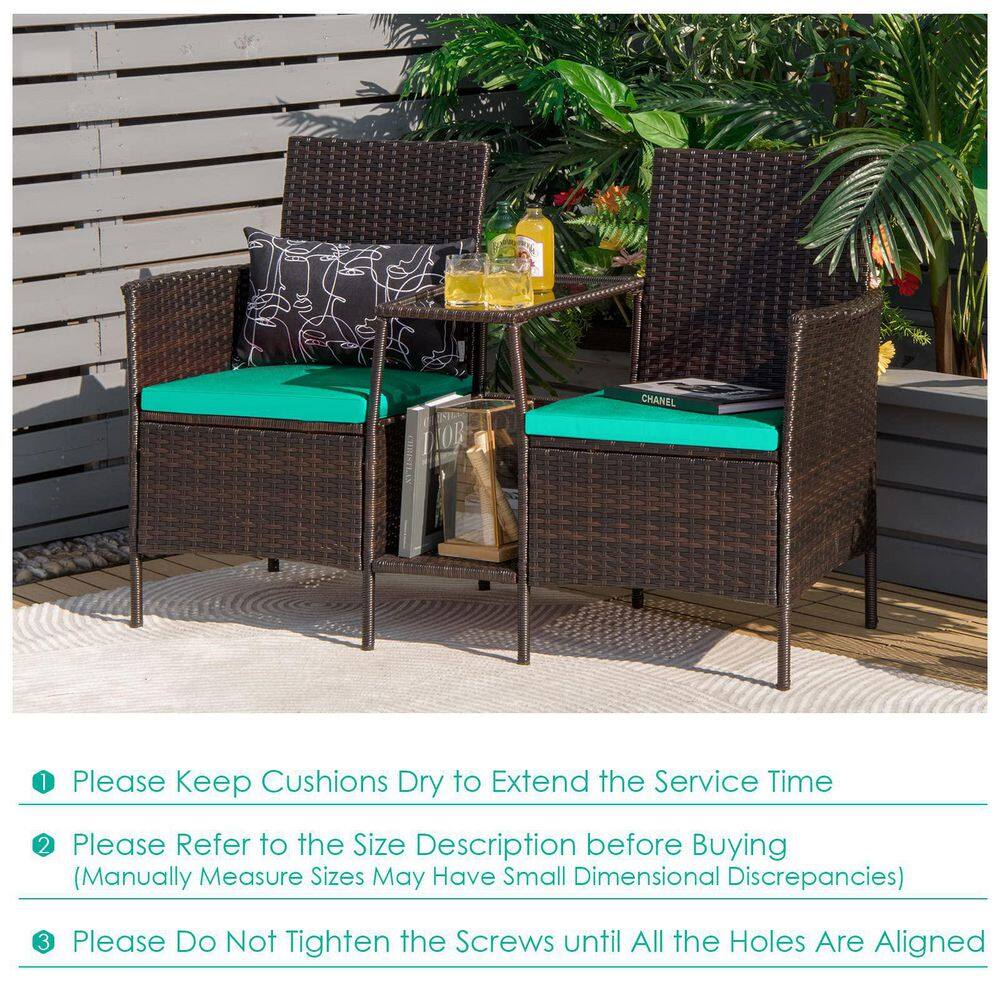 Brown 1-Piece Wicker Patio Conversation Set Seat Sofa Loveseat Glass Table Chair with Turquoise Cushions