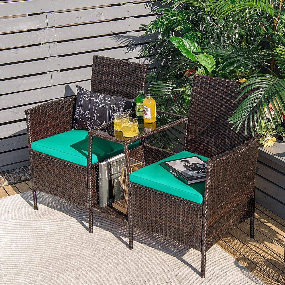 Brown 1-Piece Wicker Patio Conversation Set Seat Sofa Loveseat Glass Table Chair with Turquoise Cushions