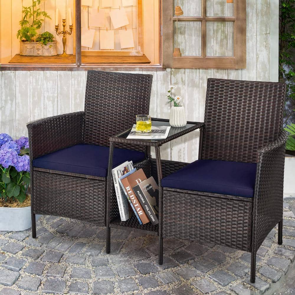Brown 1-Piece Wicker Patio Conversation Set Seat Sofa Loveseat Glass Table Chair with Navy Cushions
