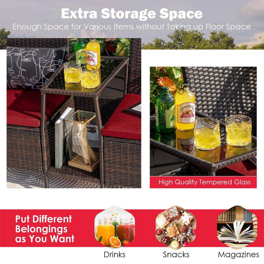 Brown 1-Piece Wicker Patio Conversation Set Seat Sofa Loveseat Glass Table Chair with Red Cushions