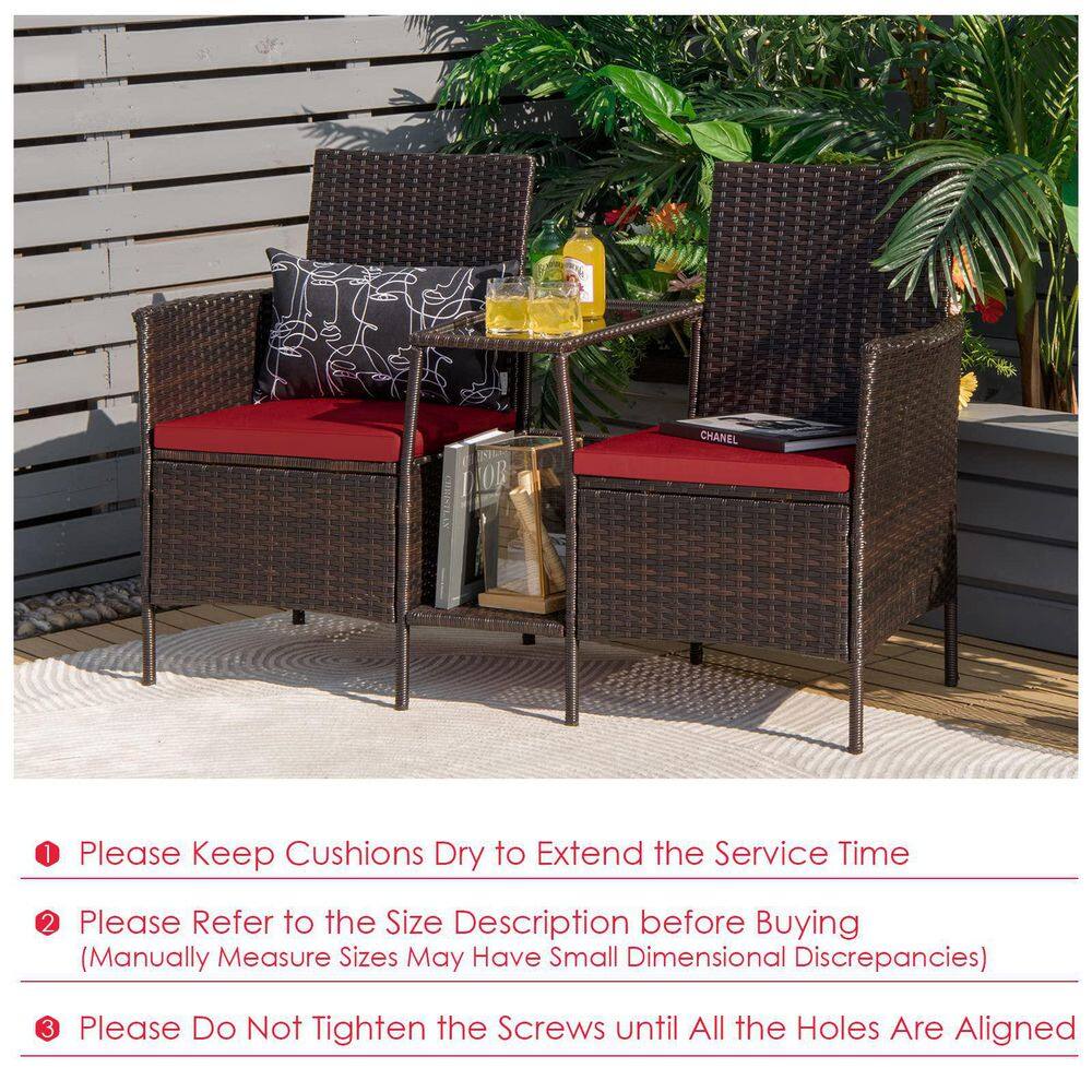 Brown 1-Piece Wicker Patio Conversation Set Seat Sofa Loveseat Glass Table Chair with Red Cushions