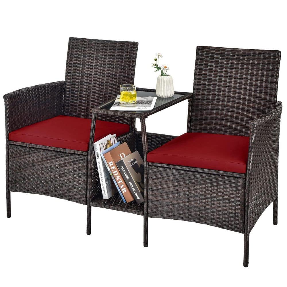 Brown 1-Piece Wicker Patio Conversation Set Seat Sofa Loveseat Glass Table Chair with Red Cushions
