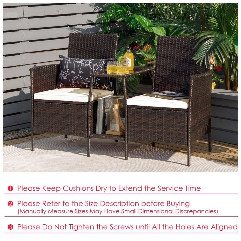 Brown 1-Piece Wicker Patio Conversation Set Seat Sofa Loveseat Glass Table Chair with White Cushions