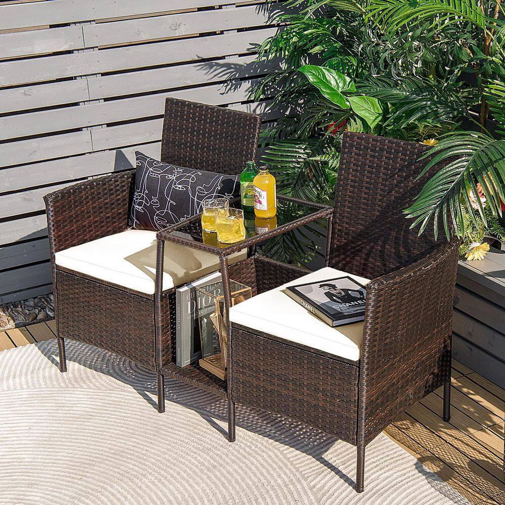 Brown 1-Piece Wicker Patio Conversation Set Seat Sofa Loveseat Glass Table Chair with White Cushions