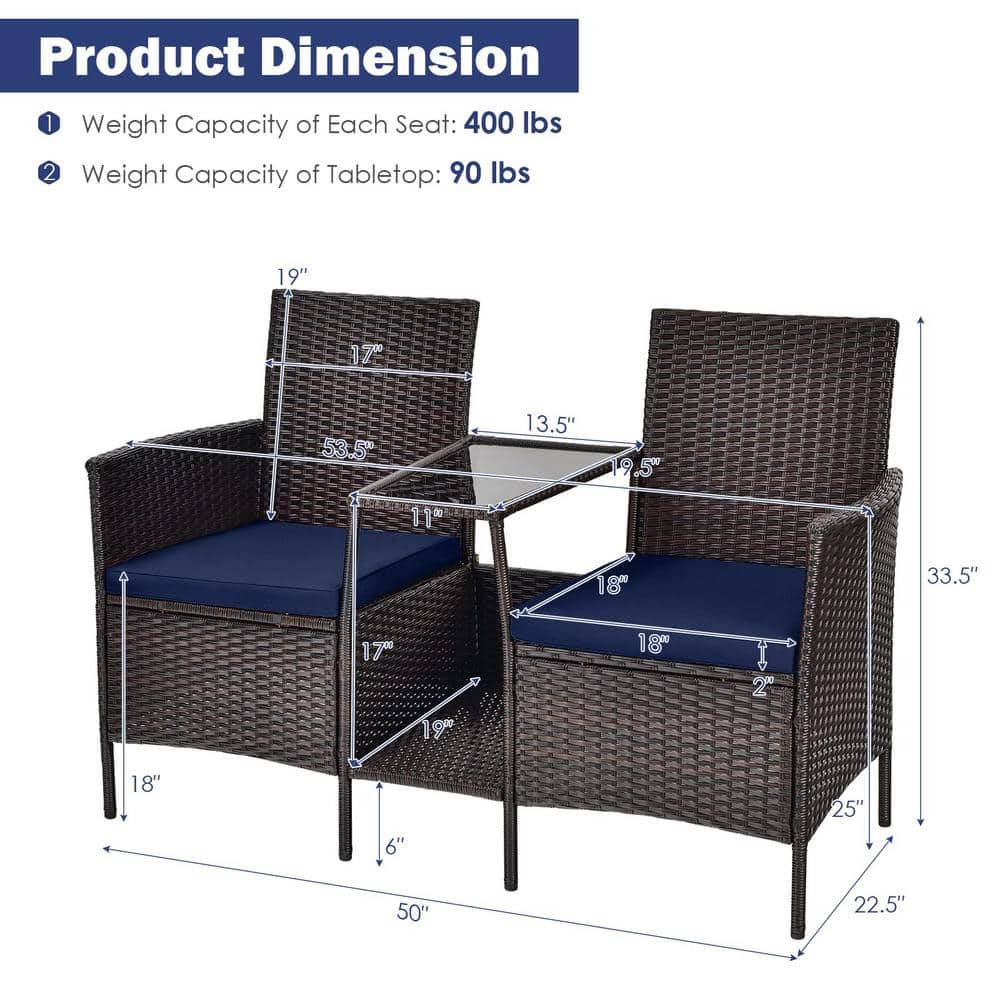 Brown 1-Piece Wicker Patio Conversation Set Seat Sofa Loveseat Glass Table Chair with Navy Cushions