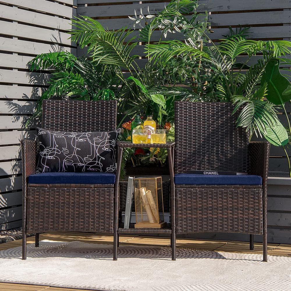Brown 1-Piece Wicker Patio Conversation Set Seat Sofa Loveseat Glass Table Chair with Navy Cushions