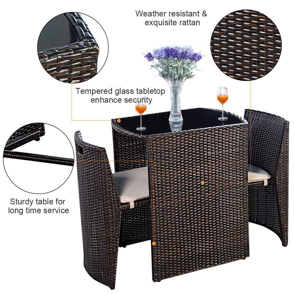 Brown 3-Piece Wicker Patio Conversation Set with Beige Cushions