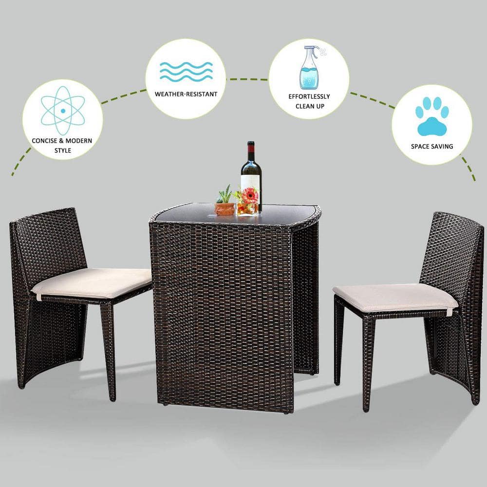 Brown 3-Piece Wicker Patio Conversation Set with Beige Cushions